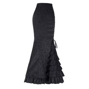 Women Punk Chinese Jacquard Long Skirt Gothic Fishtail Layered Ruffle Lace-up L